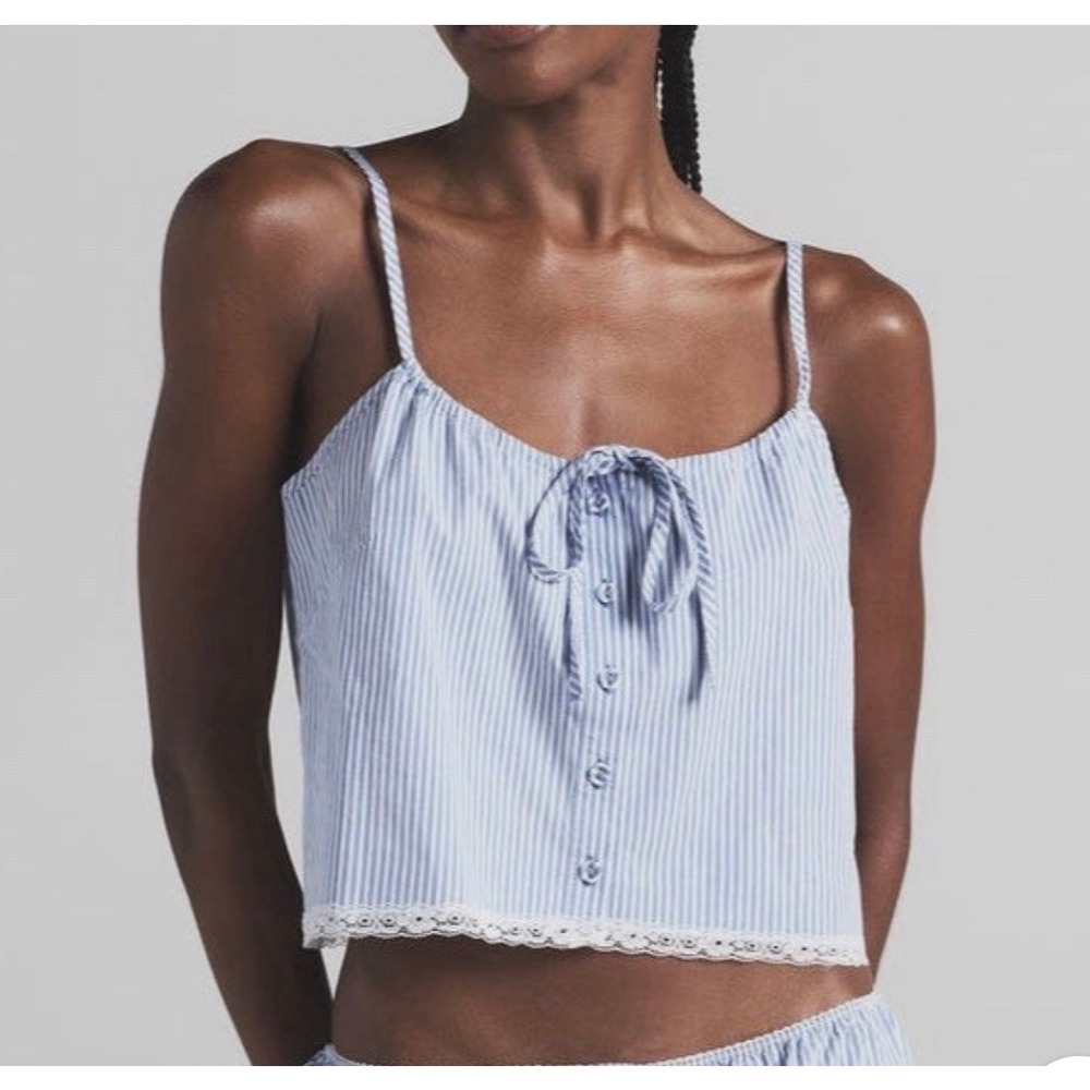 Skims Cotton Poplin Sleep Camisole Tank XS Cadet Blue Striped Cropped Lace‎ Trim